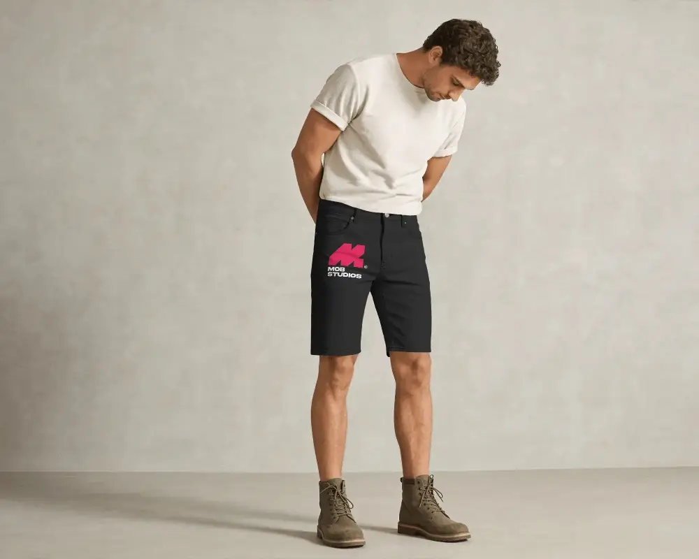 Stylish Mens Denim Shorts Mockup With Five Pocket Design For Casual Summer Wear And Comfort