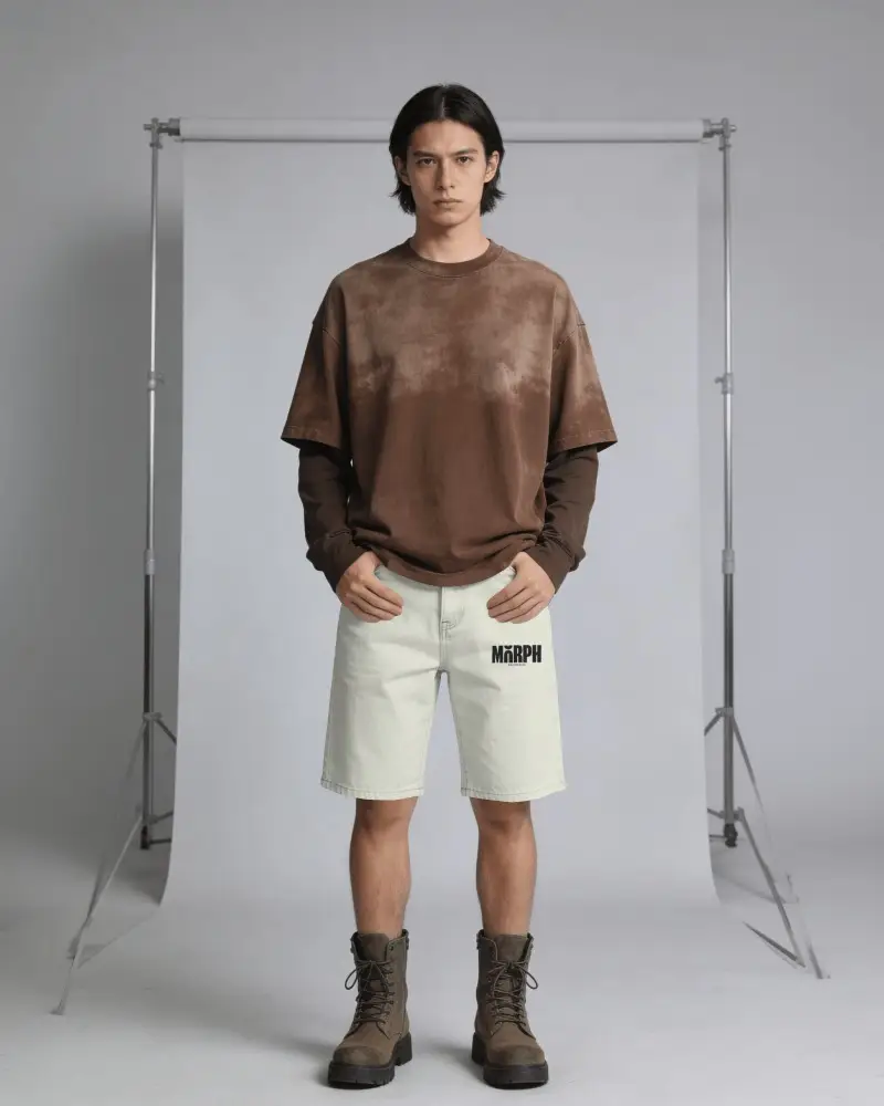 Studio Backdrop Shorts Mockup Male Model Standing Front View With Stand Frame Clean Editorial Setup