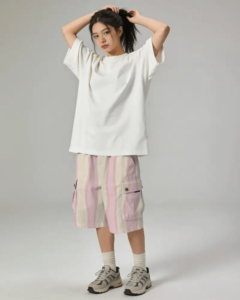 Minimal Studio Shorts Mockup Female Model Tying Hair Relaxed Pose Clean Neutral Background
