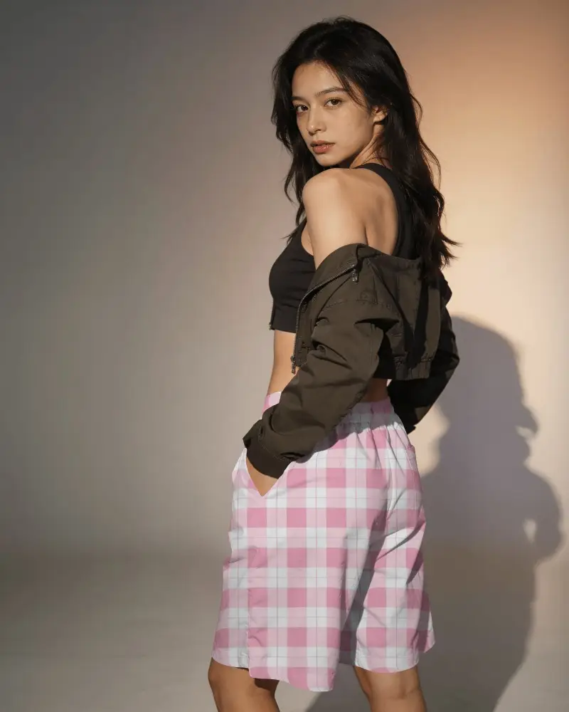 Side Profile Shorts Mockup Female Model Looking Back Shoulder Soft Warm Light Shadow Depth