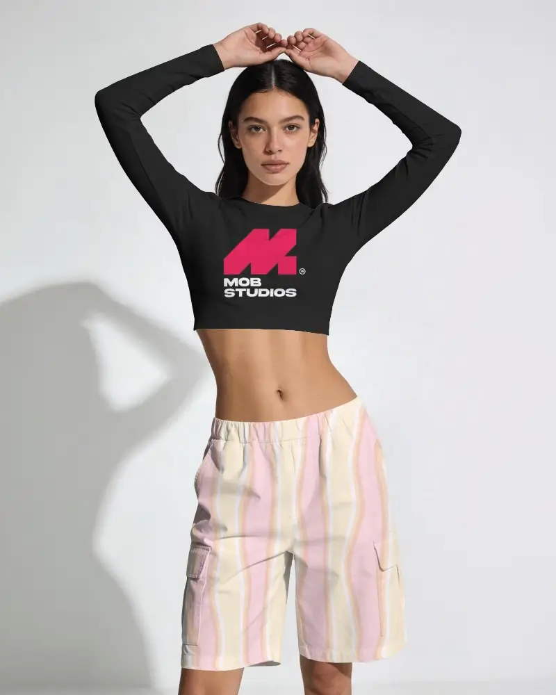 Front Facing Shorts Mockup Female Model Arms Raised Above Head Clean Studio Background Soft Shadow