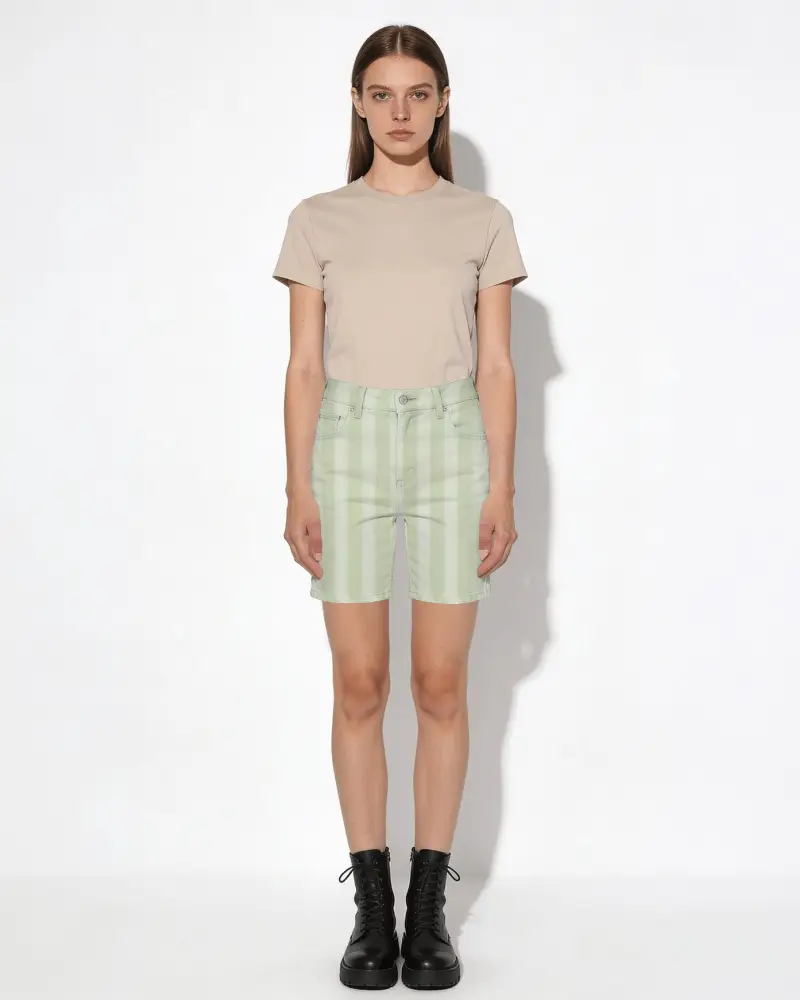 Front Facing Shorts Mockup Female Model Standing Straight Symmetrical Pose Clean Studio Background