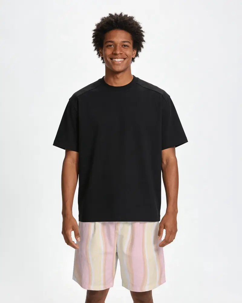 Front View Smiling Shorts Mockup Male Model Standing Natural Pose Clean Studio Background