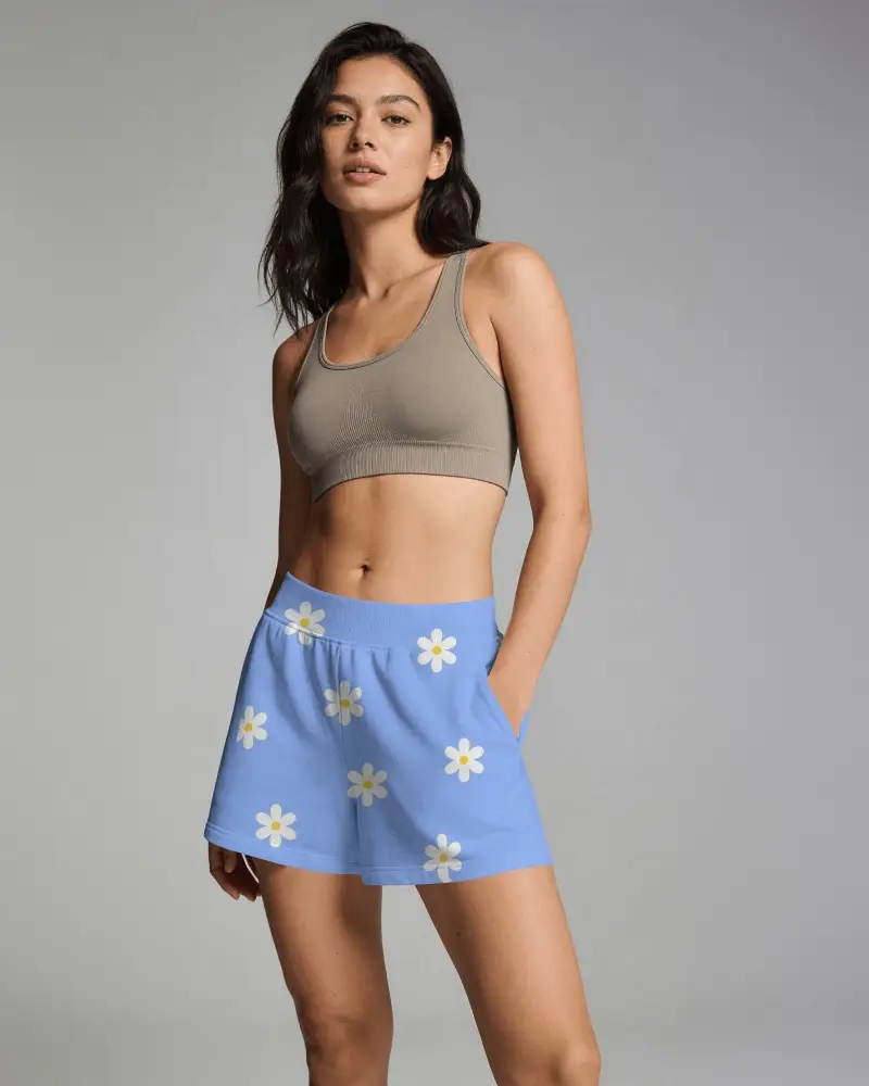 Minimal Studio Shorts Mockup Female Model Relaxed Stance Hand In Pocket Clean Neutral Background