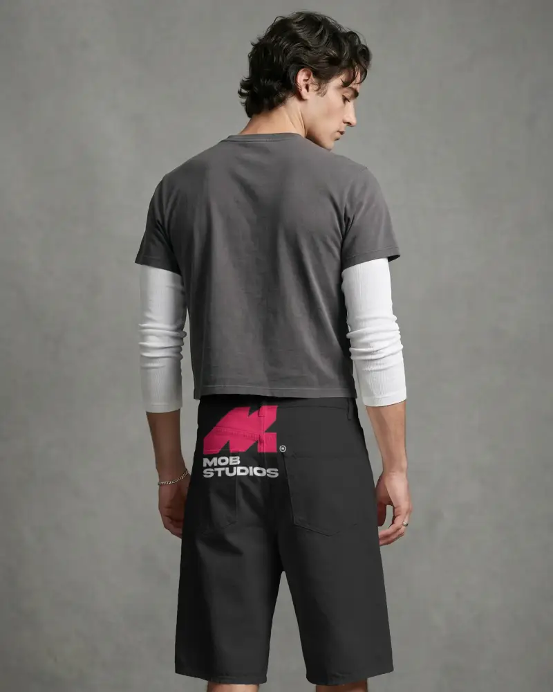 Casual Stylish Men Overlapping Layered Long Sleeve Shirt With Relaxed Fit Shorts Mockup