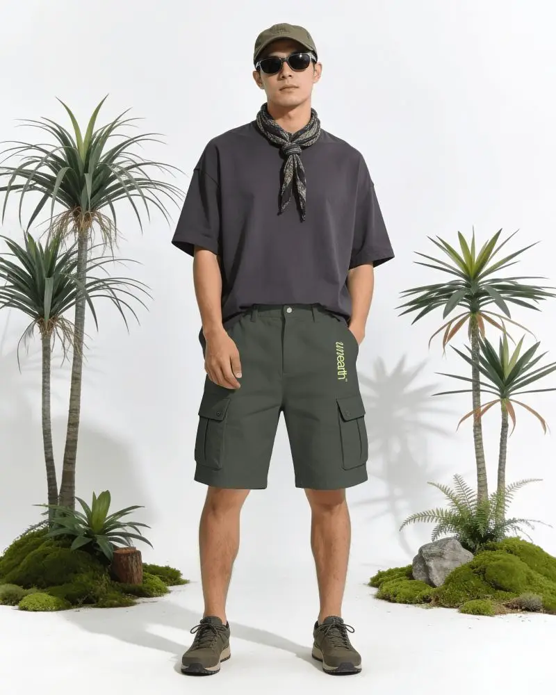 Tropical Studio Shorts Mockup Male Model Wearing Cargo Shorts With Minimal Indoor Garden Background