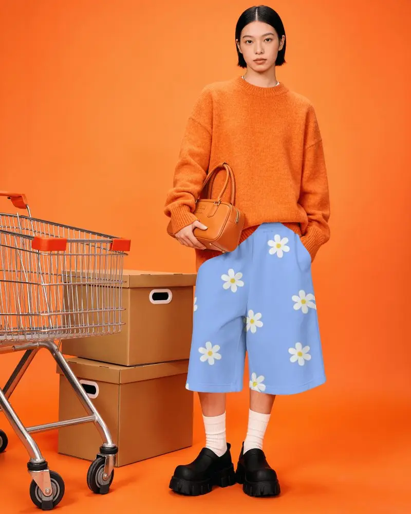 Orange Studio Shorts Mockup Female Model Wearing Leg Shorts With Shopping Cart And Cardboard Boxes