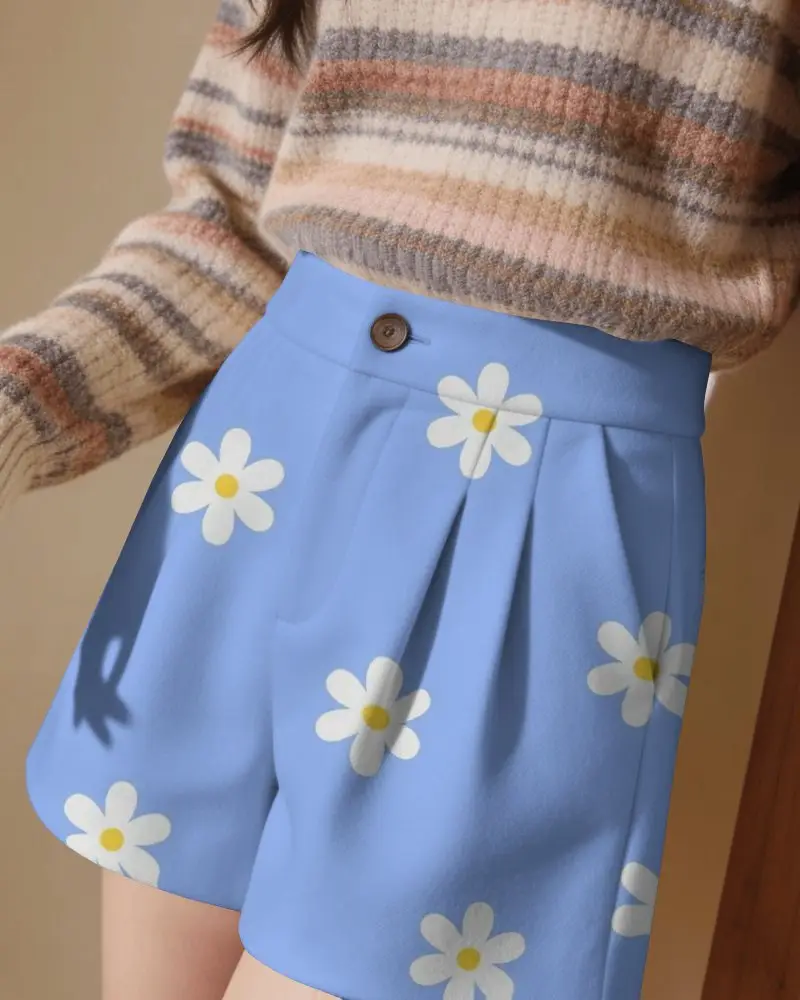 Tailored Pleated Shorts Mockup Close Up Womenswear Shot With Striped Knit Sweater