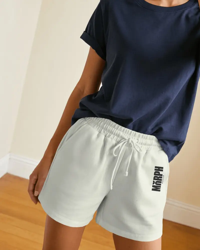 Female Model Shorts Mockup Front View With Drawstring Waistband And Relaxed Casual Styling