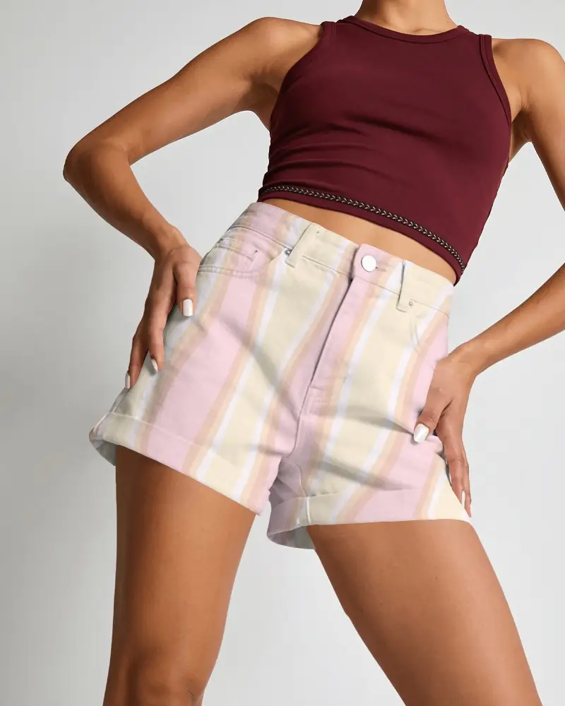 Womens High Waisted A Line Denim Shorts Mockup On Female Model With Wide Leg Fit