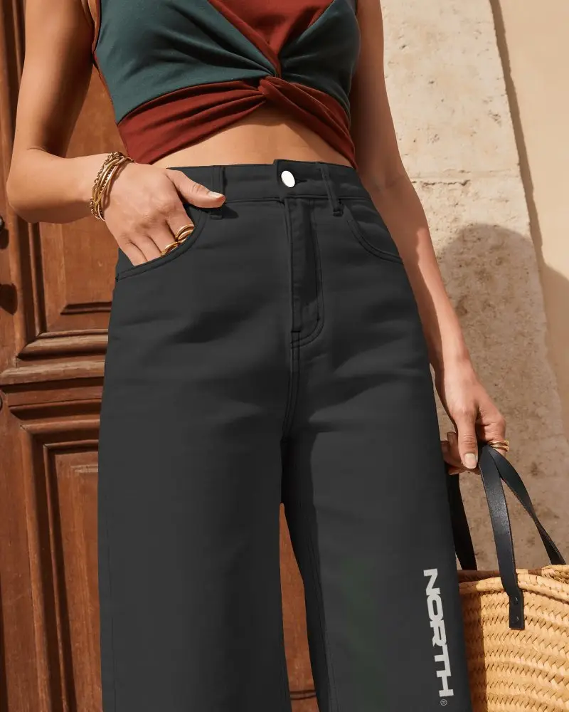Womens High Waisted Wide Leg Denim Bermuda Shorts Mockup On Female Model