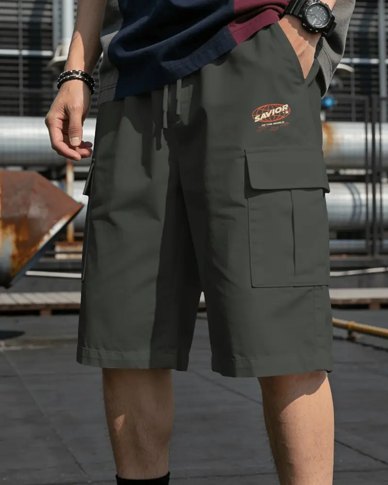 Mens Cargo Utility Bermuda Shorts Mockup With Elastic Waistband And Drawcord