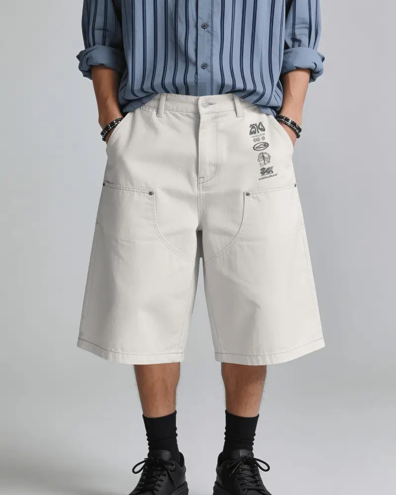 Mens Carpenter Bermuda Cargo Jeans Shorts Mockup On Male Model With Curved Utility Pockets