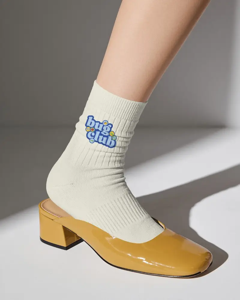Ankle Socks Mockup On Female Foot With Square Toe Block Heel And Hard Studio Shadow