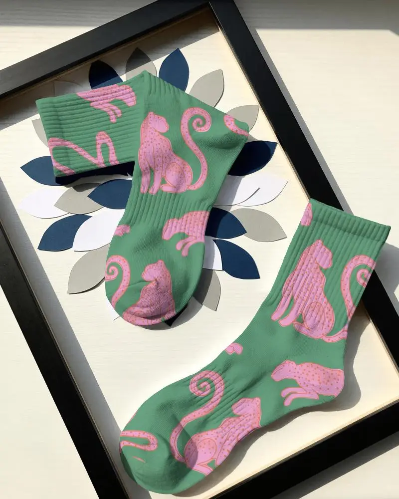 Flat Lay Socks Mockup Arranged On Framed Botanical Artwork Under Hard Directional Sunlight