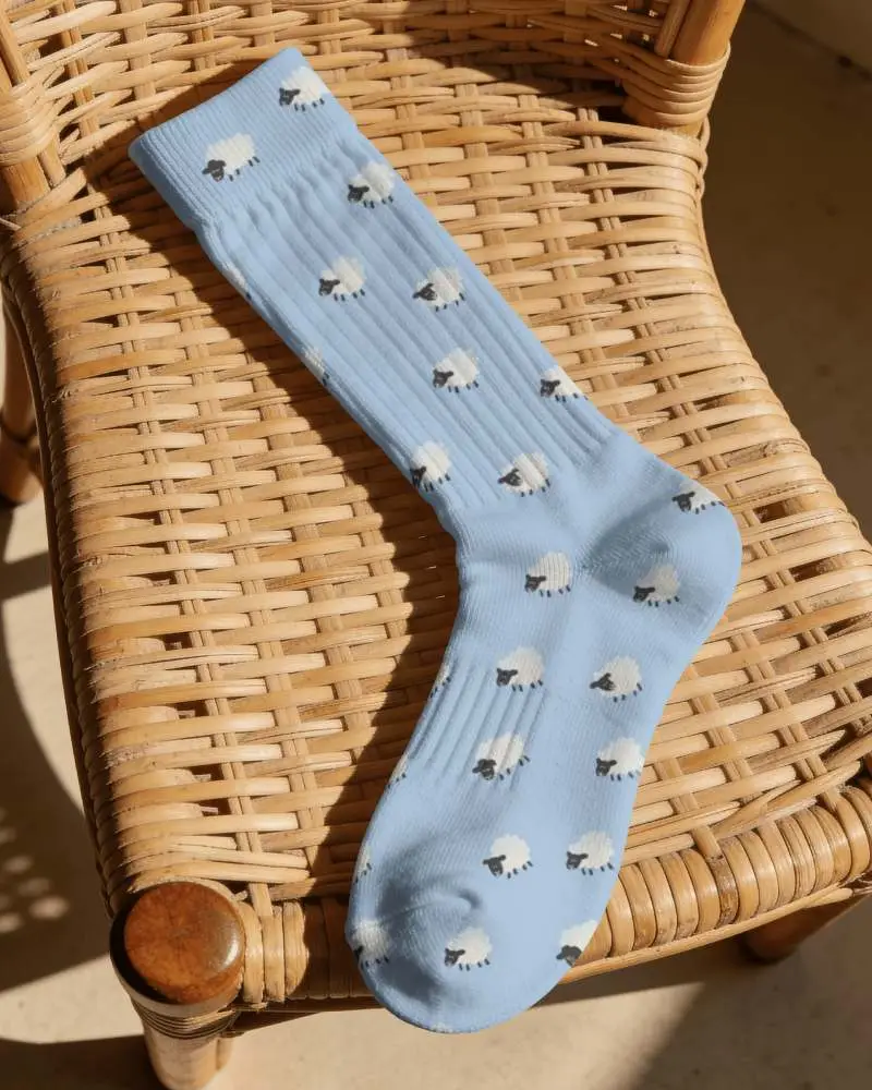 Single Crew Sock Mockup Laid Across Woven Rattan Chair Under Warm Directional Sunlight