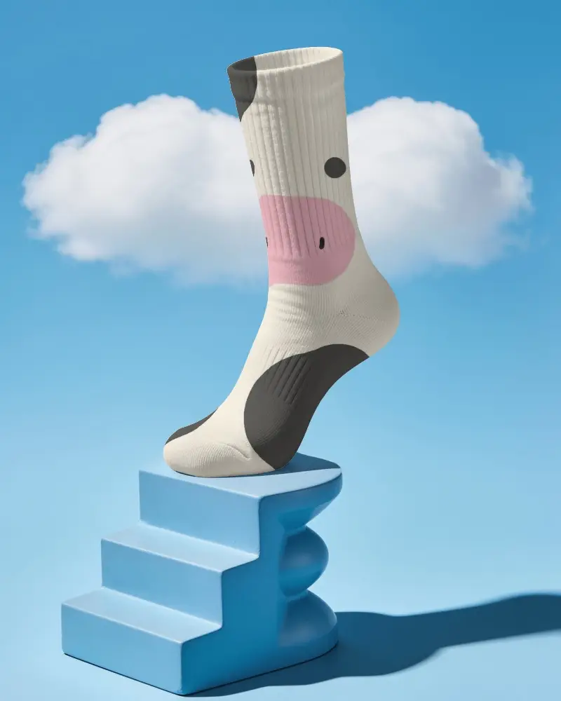 Surreal Crew Socks Mockup Floating Above Sculptural Stair Pedestal With Cloud Filled Sky Backdrop