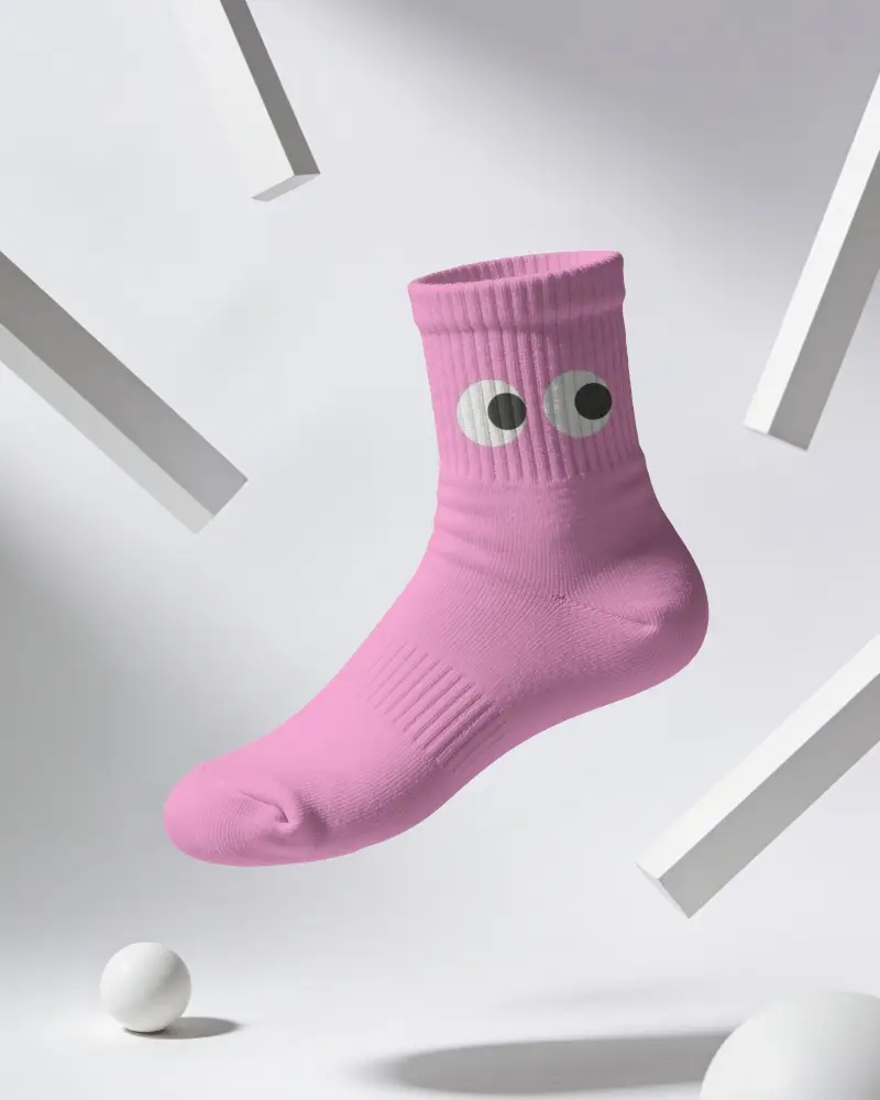 Floating Crew Socks Mockup With Ribbed Knit Texture And Geometric Bars In Surreal Studio Space