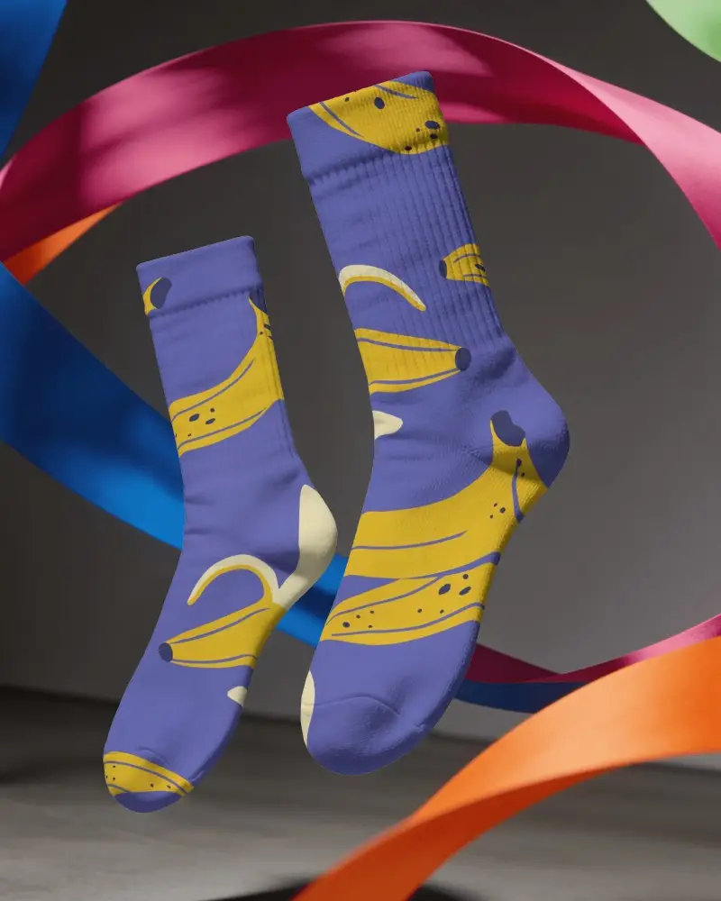 Dynamic Socks Mockup Featuring Suspended Pair With Sculptural Ribbon Loops And Dramatic Product