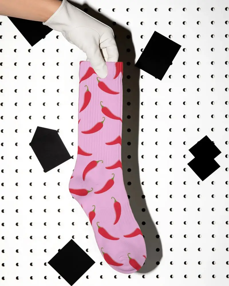 Premium Quality Ribbed Socks Mockup Held By Gloved Hand Against Minimalist Background