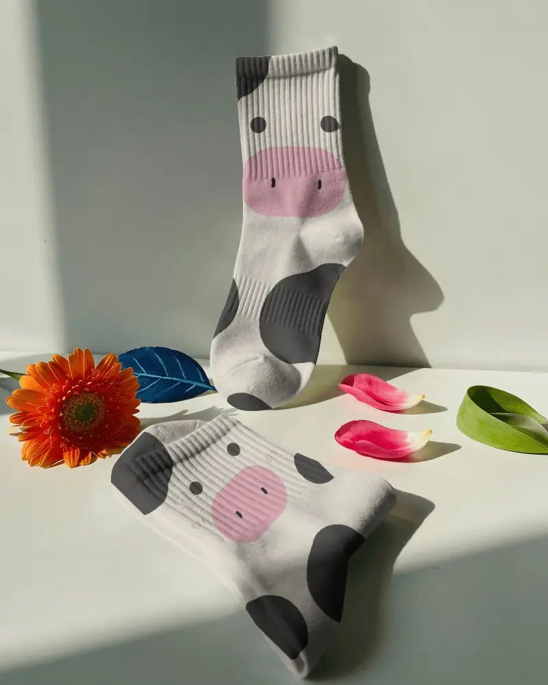 Botanical Studio Socks Mockup With One Sock Suspended Upright And Another Resting Below Among Flower