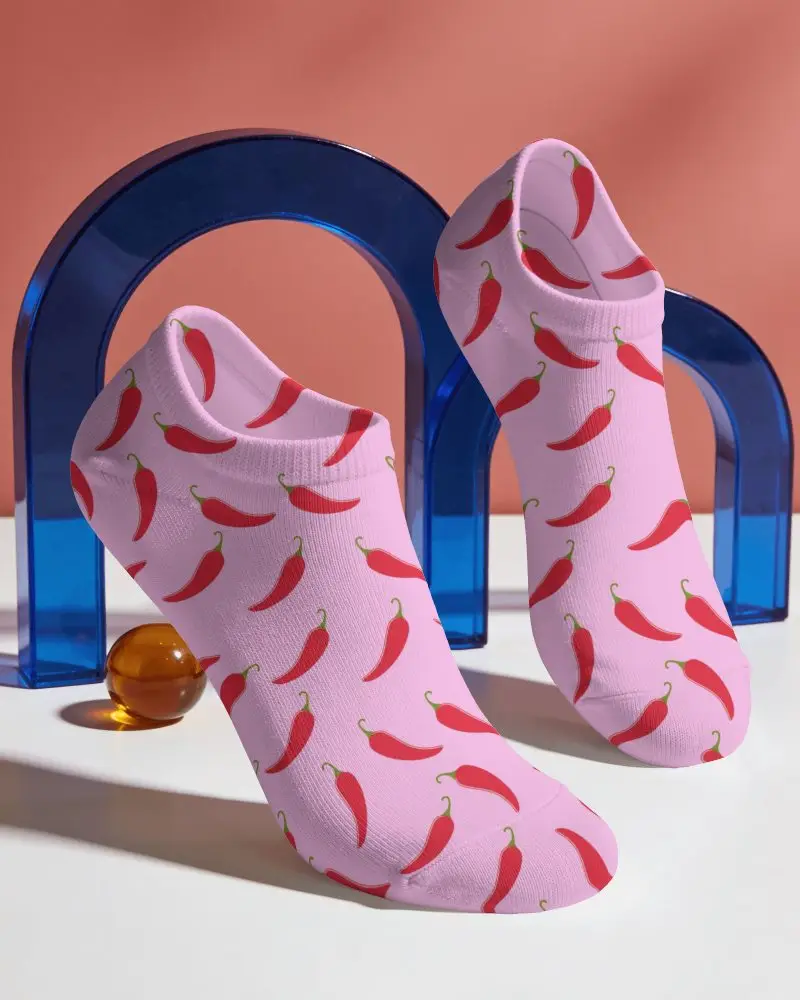 Low Cut Socks Mockup With Two Floating Foot Forms And Translucent Arched Acrylic Props