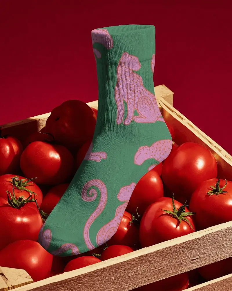 Crew Socks Mockup Placed In Produce Crate With Tomatoes Creative Editorial Style
