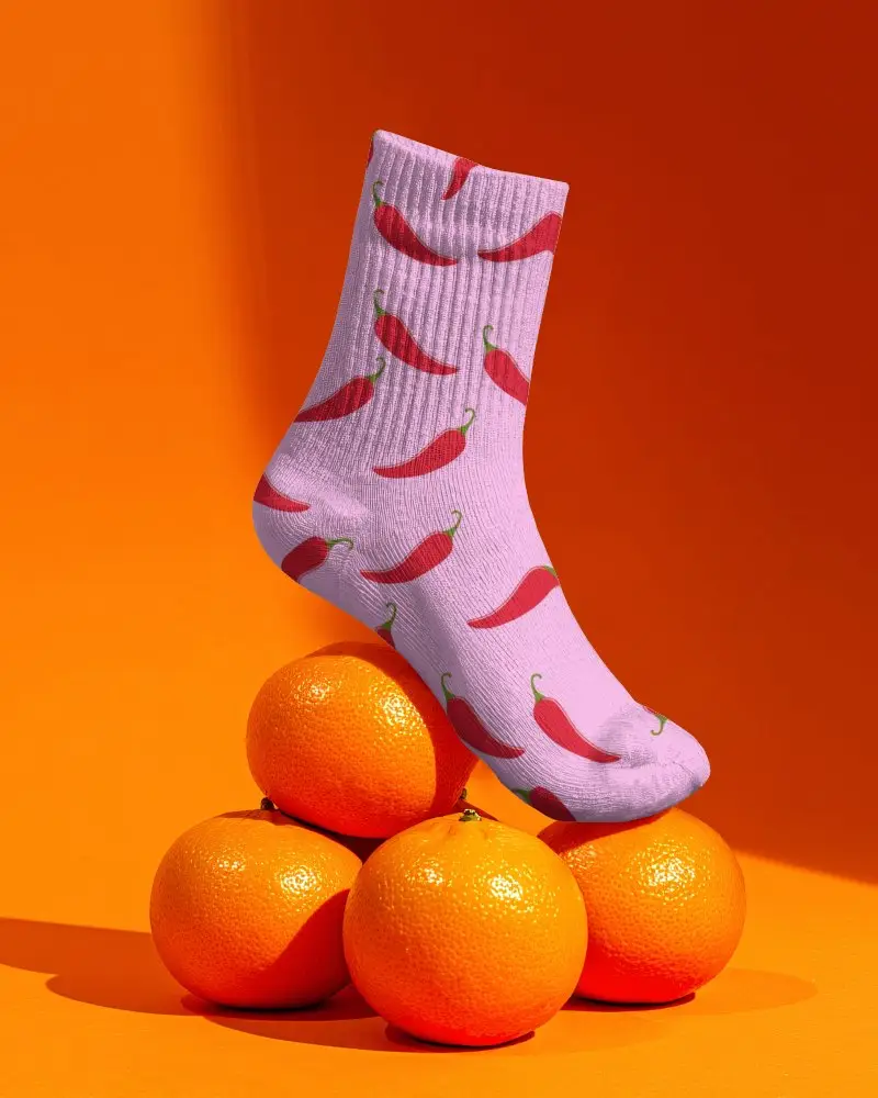 Crew Socks Mockup Balanced On Fruit Creative Studio Product Photography