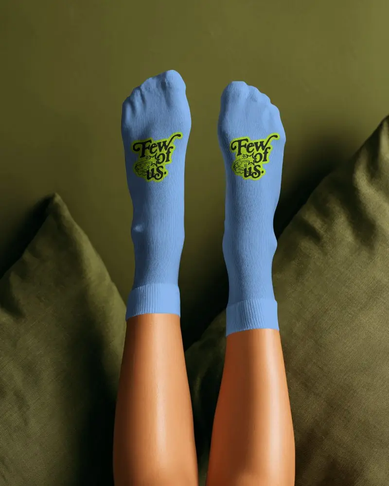 Crew Socks Mockup Top View Feet Raised Relaxed Lifestyle Bedscene Product Shot Natural Light