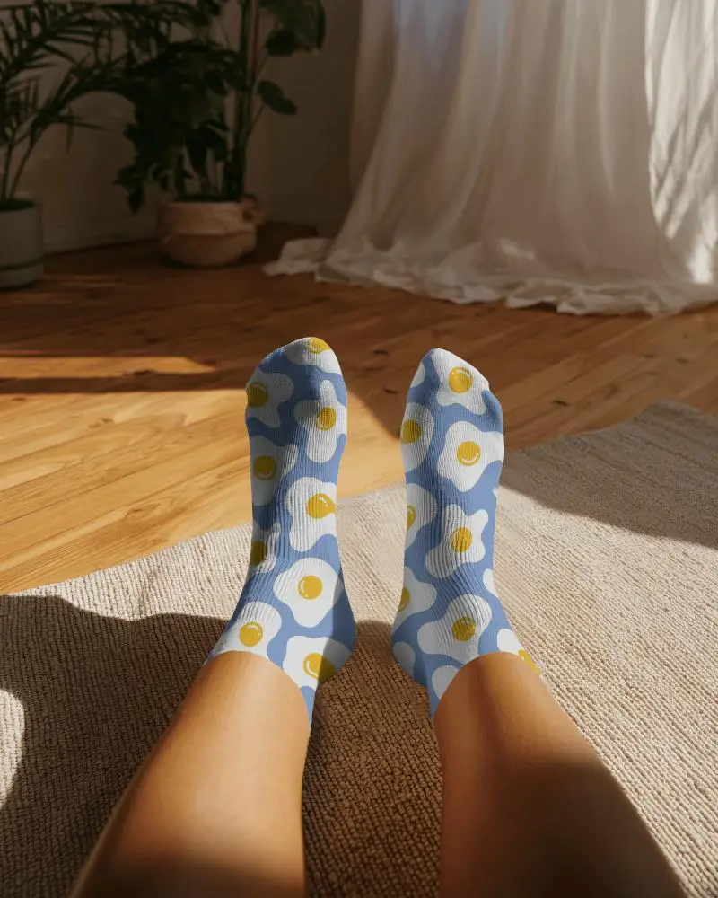Crew Socks Mockup Feet Resting On Rug Relaxed Home Lifestyle Natural Light Casual Setting