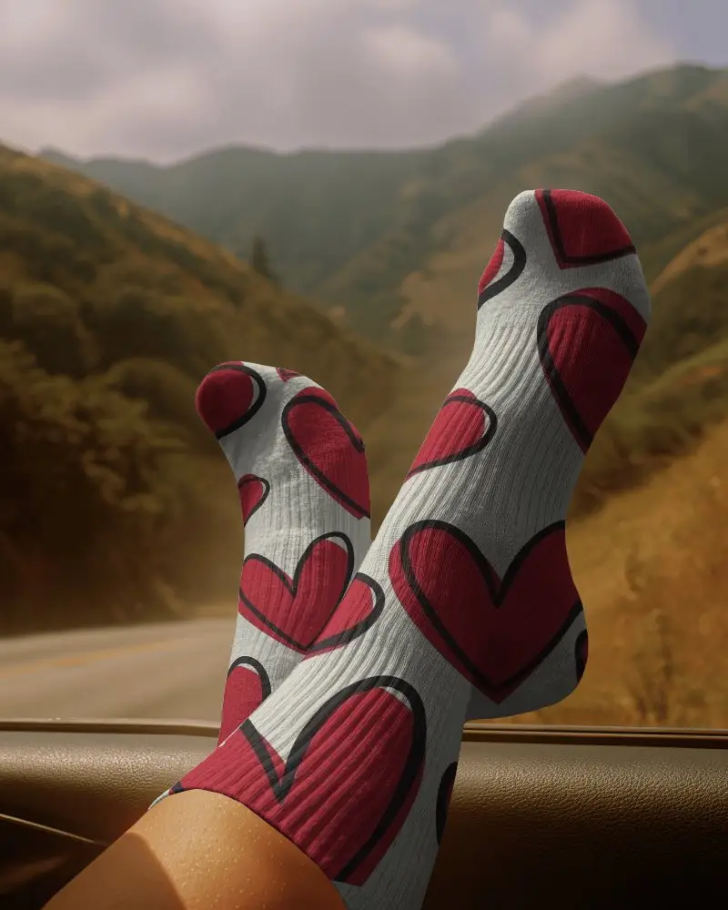 Crew Socks Mockup Feet Resting On Car Dashboard Road Trip Lifestyle Scene Travel Ambience