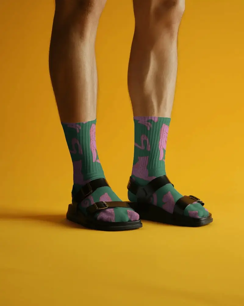 Stylish Unisex Crew Socks Mockup Paired With Adjustable Sandal For Modern Comfortable Fashion