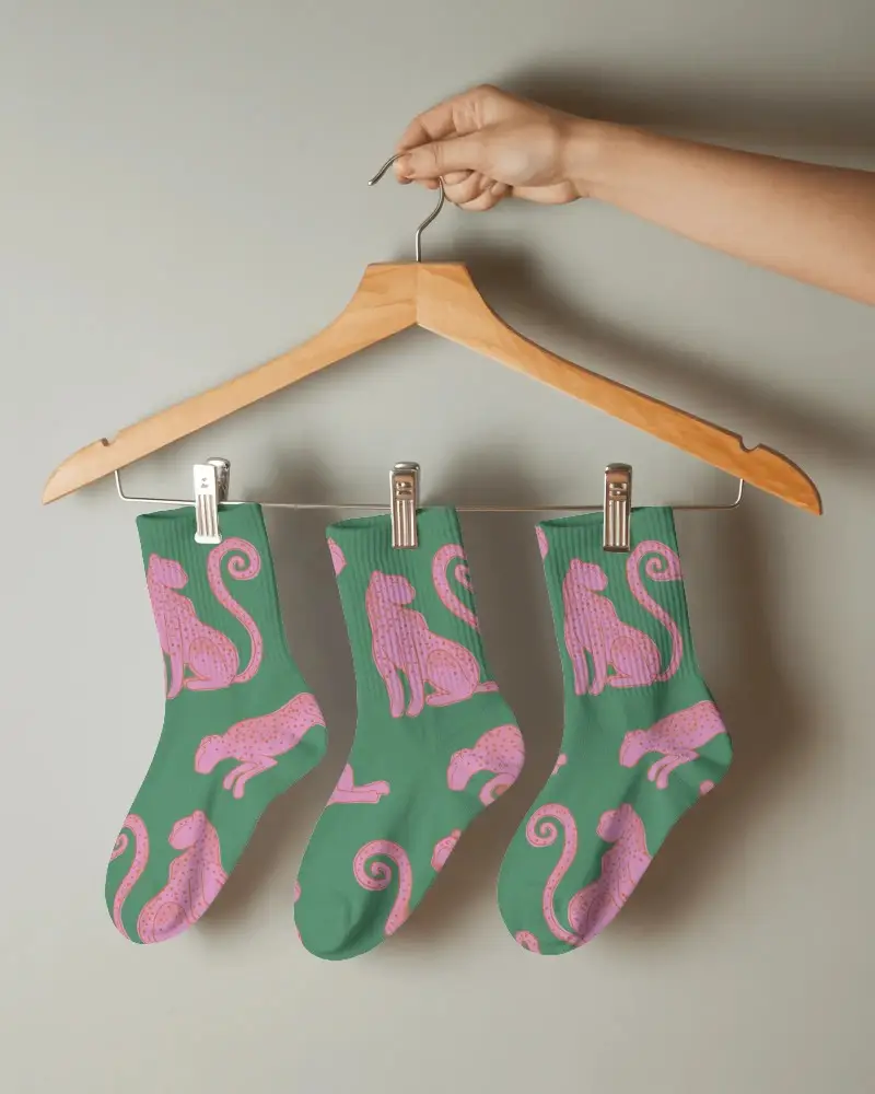Premium Comfort Casual Socks Mockup On Wooden Hanger For Design Presentation
