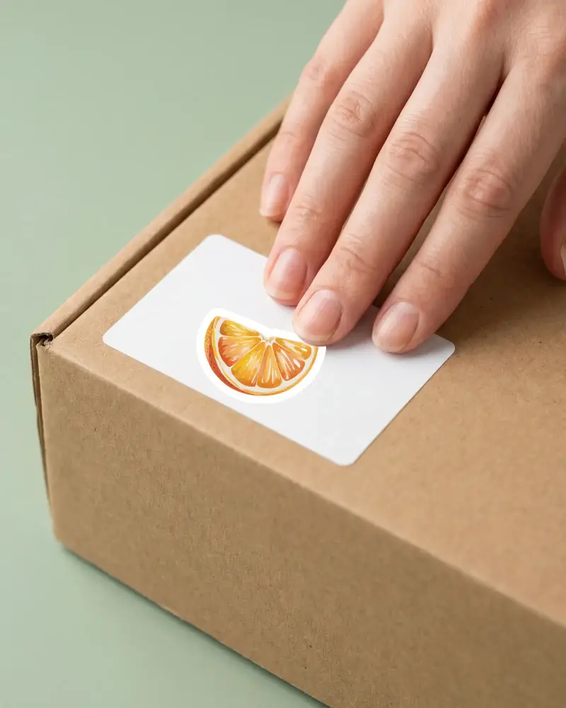 Blank White Sticker Label On Craft Box Package Sticking On Smooth Surface