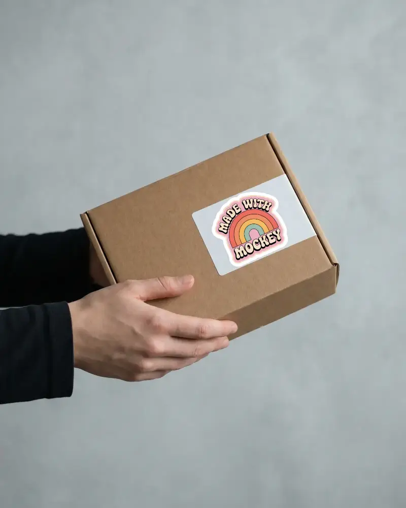 Kraft Box With White Sticker Mockup By Hands Against Simple Gray Background Clean Layout