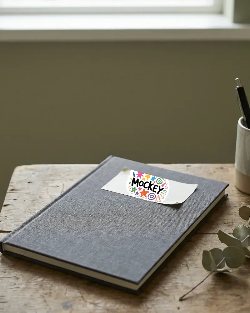 Adhesive Sticker Mockup On Desk Journal Pen Holder And Eucalyptus Leaf Arrangement