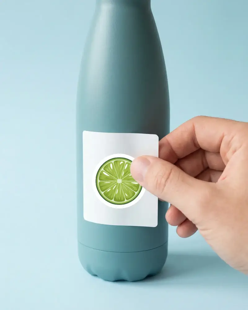 Hand Applying Custom Square Sticker On Reusable Water Sticker Mockup For Branding