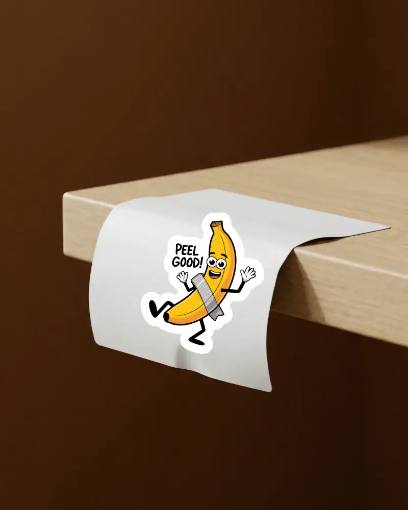 High Quality Sticker Mockup With Realistic Curved Edge On Wooden Surface For Design Preview