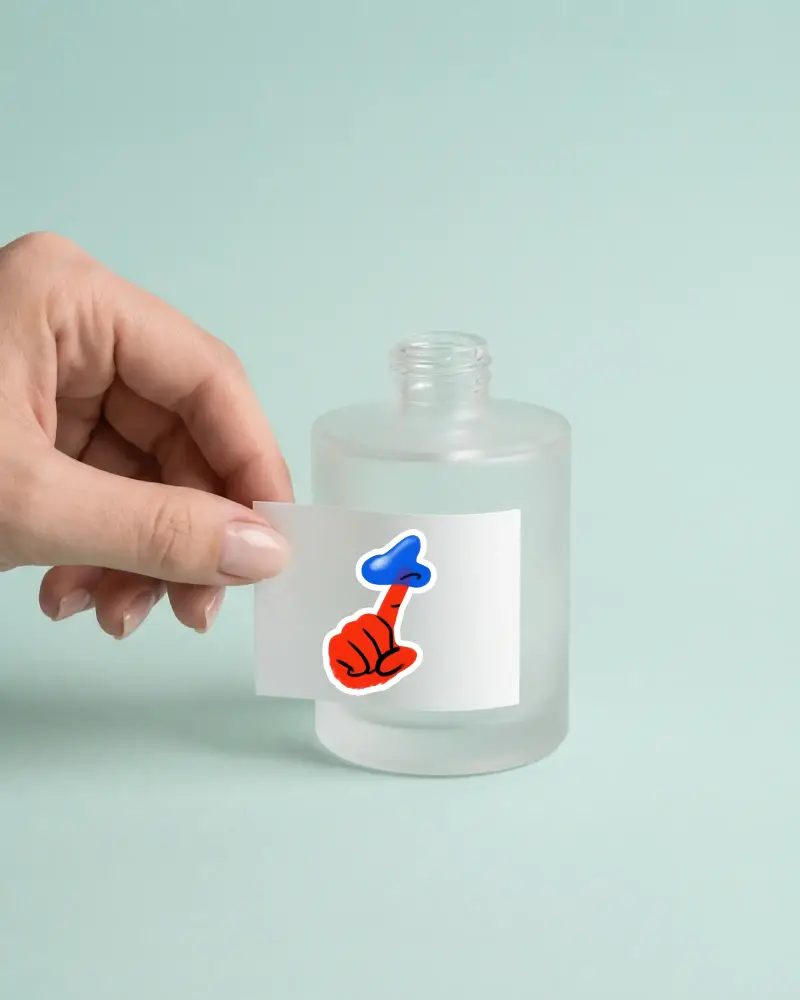 Blank Sticker Label Being Placed On Cylindrical Frosted Glass Sticker Mockup