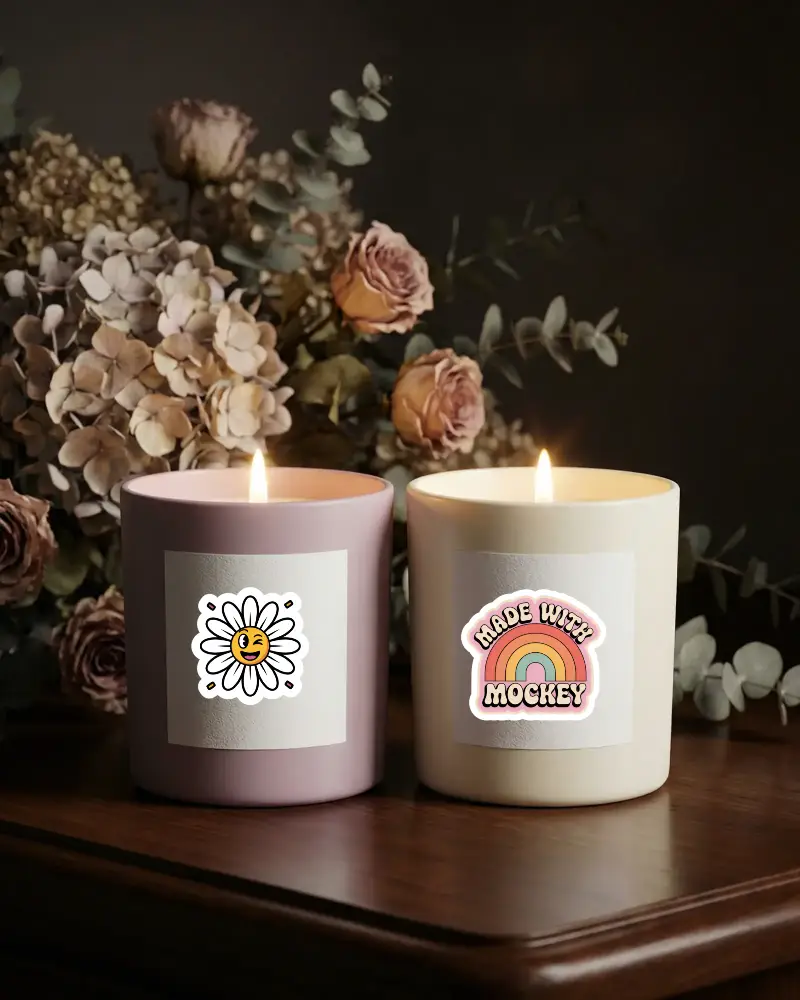 Blank Label Sticker Mockup On Burnt Candle Jars With Vintage Floral Arrangement