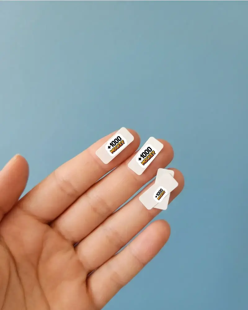 Tiny Rectangle White Stickers Mockup On Fingers Clean Design Sticker Mockup For Custom Logos