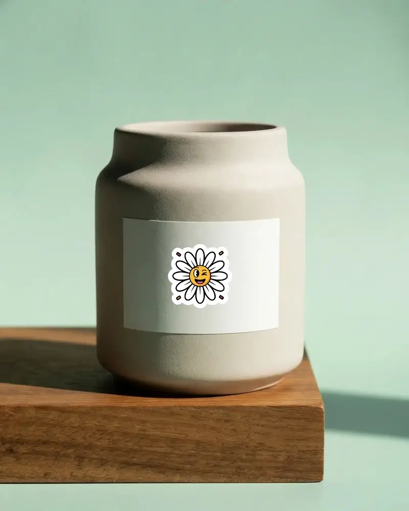 Realistic Jar Sticker Mockup On Textured Container With Simple Clean Backdrop
