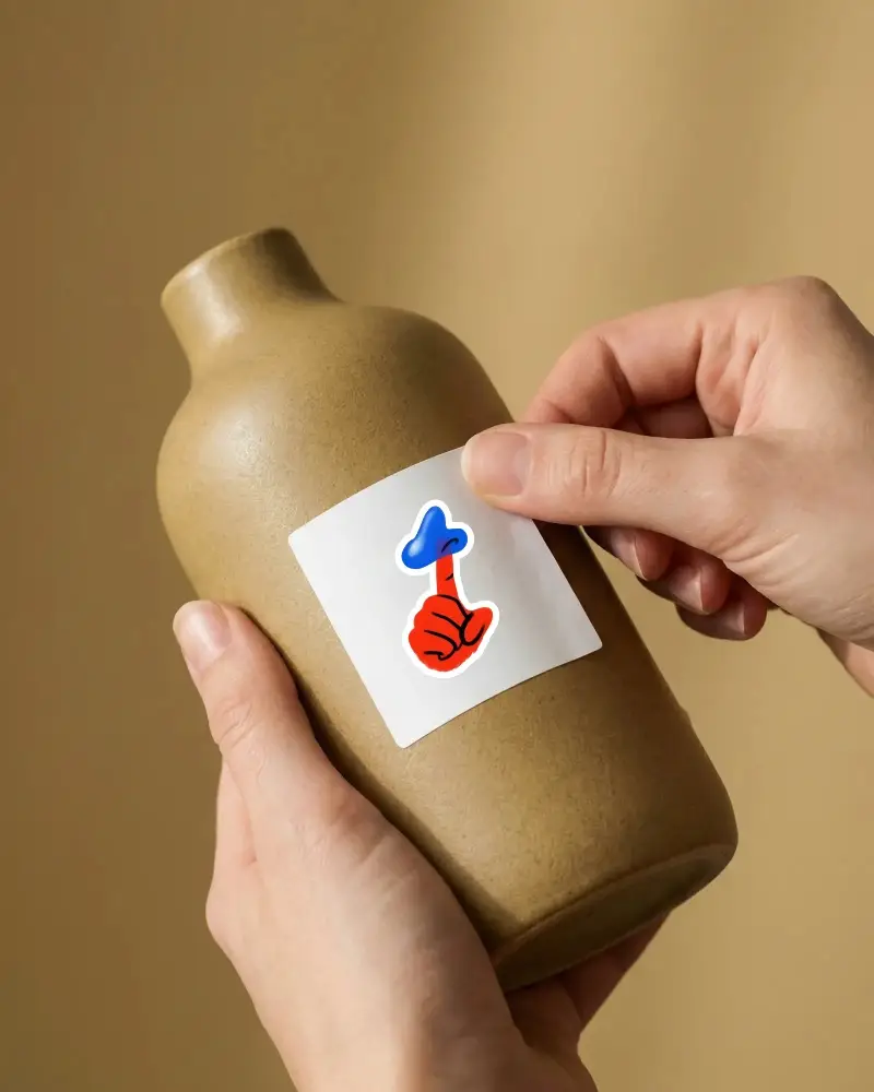 Realistic Sticker Mockup Design Template On Bottle Closeup With Hands Holding