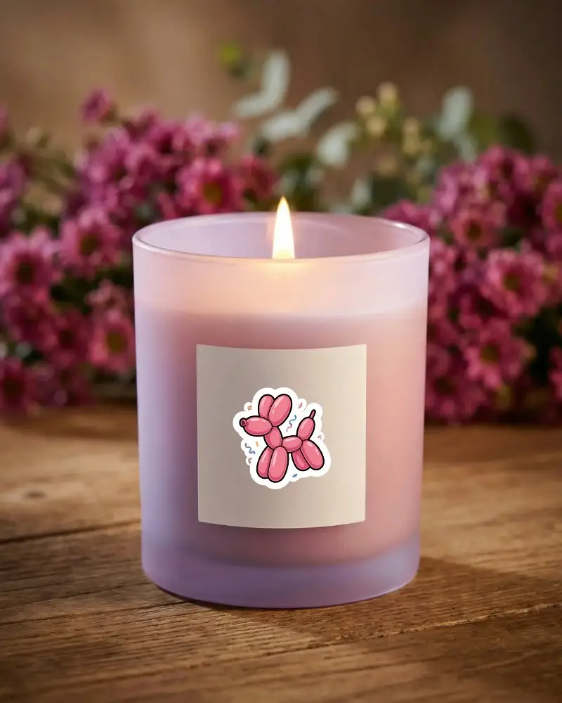 Label Sticker Mockup Placed On Cylindrical Candle Container With Wooden Tabletop