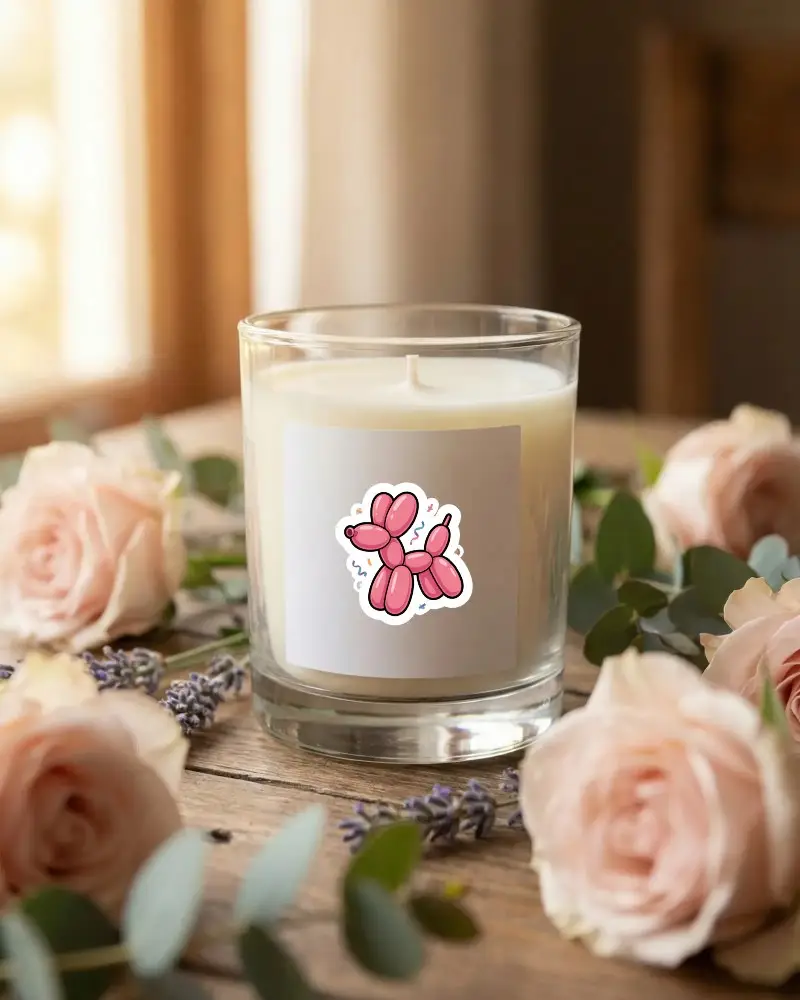 Customizable Candle Sticker Mockup With Empty Label And Floral Decorations On Rustic Tabletop