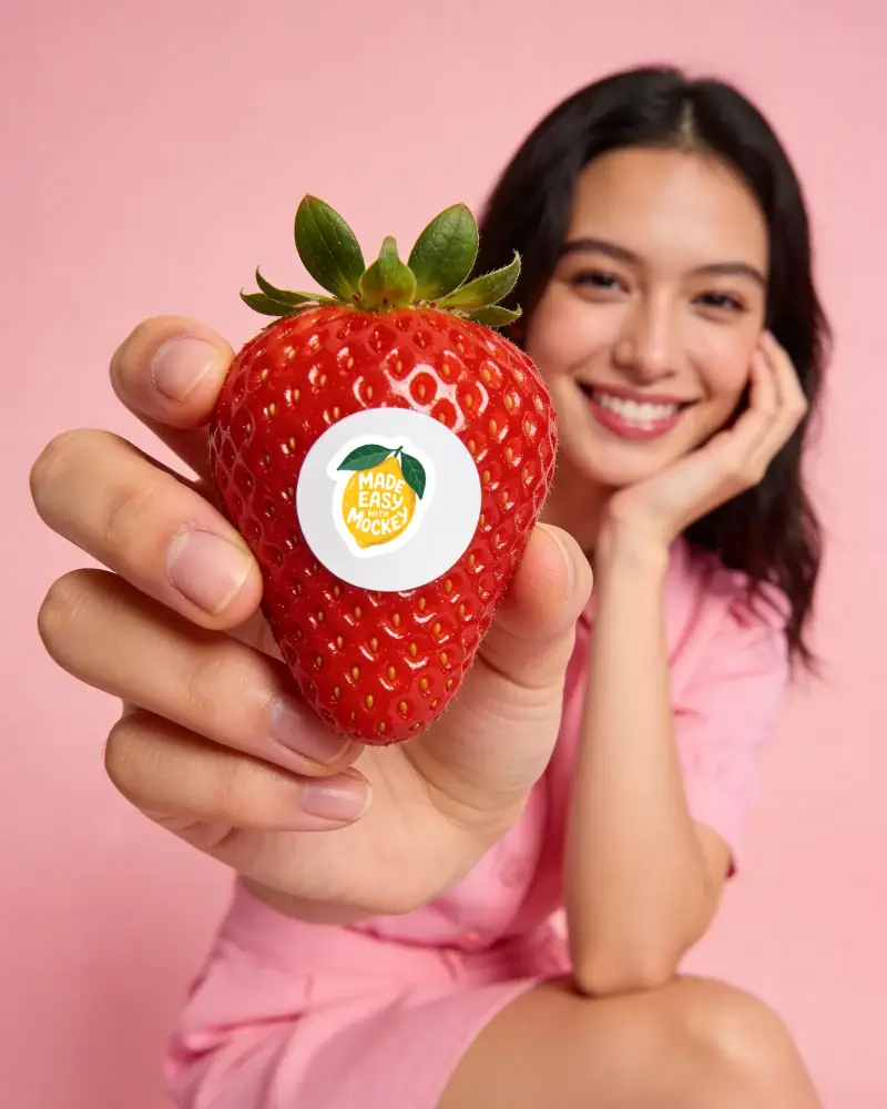 Close Up Strawberry With Custom Round Sticker Mockup On Fruit For Branding And Product Promotion