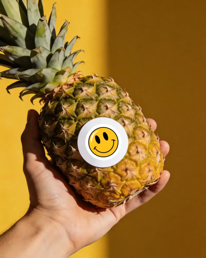 Hand Holding Fresh Pineapple With Round White Sticker Mockup On Textured Skin