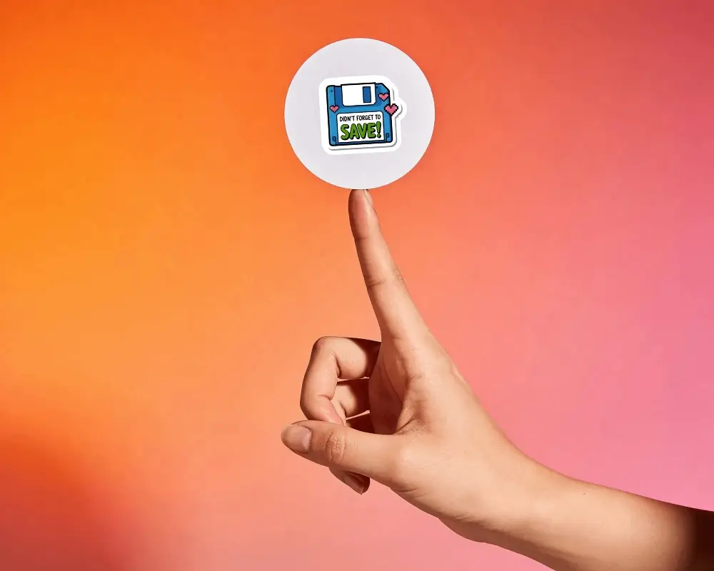 Hand Balancing Round Blank Sticker On Fingertip Isolated On Gradient Background For Design