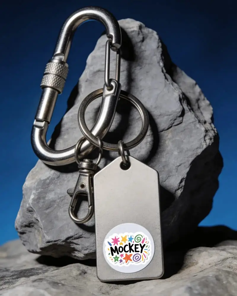 Blank Round Sticker On Metal Keychain With Durable Carabiner And Rock Background
