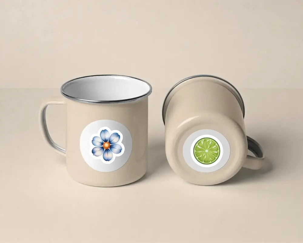 Two Enamel Mugs Blank Round Sticker Mockup For Personalized Logo Or Graphic Print